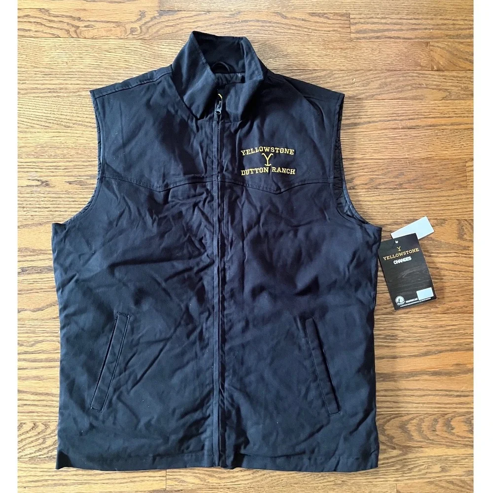 Yellowstone Dutton Ranch Mens Black Embroidered Quilted Zip Vest Medium NWT